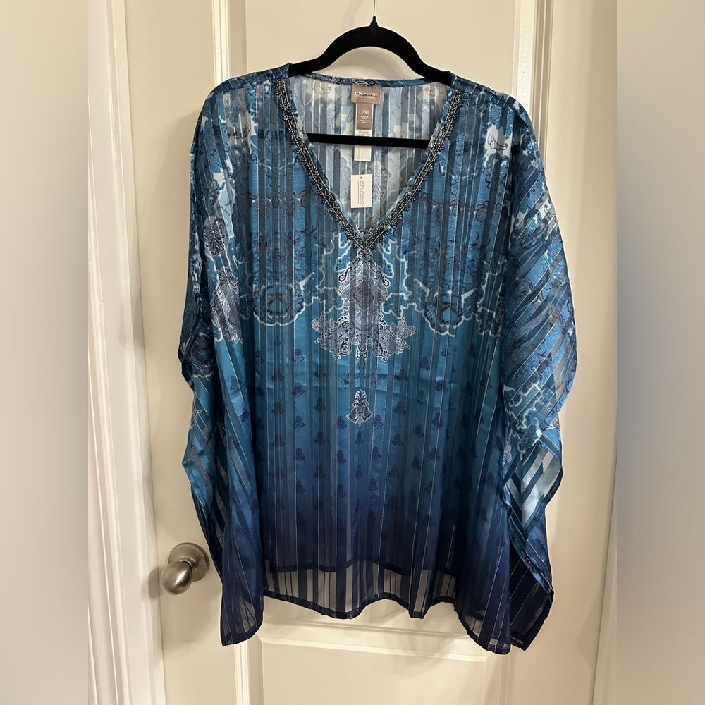 Chico’s Ombre Damask Paisley V Neck Poncho Size XL Pullover Color Blue